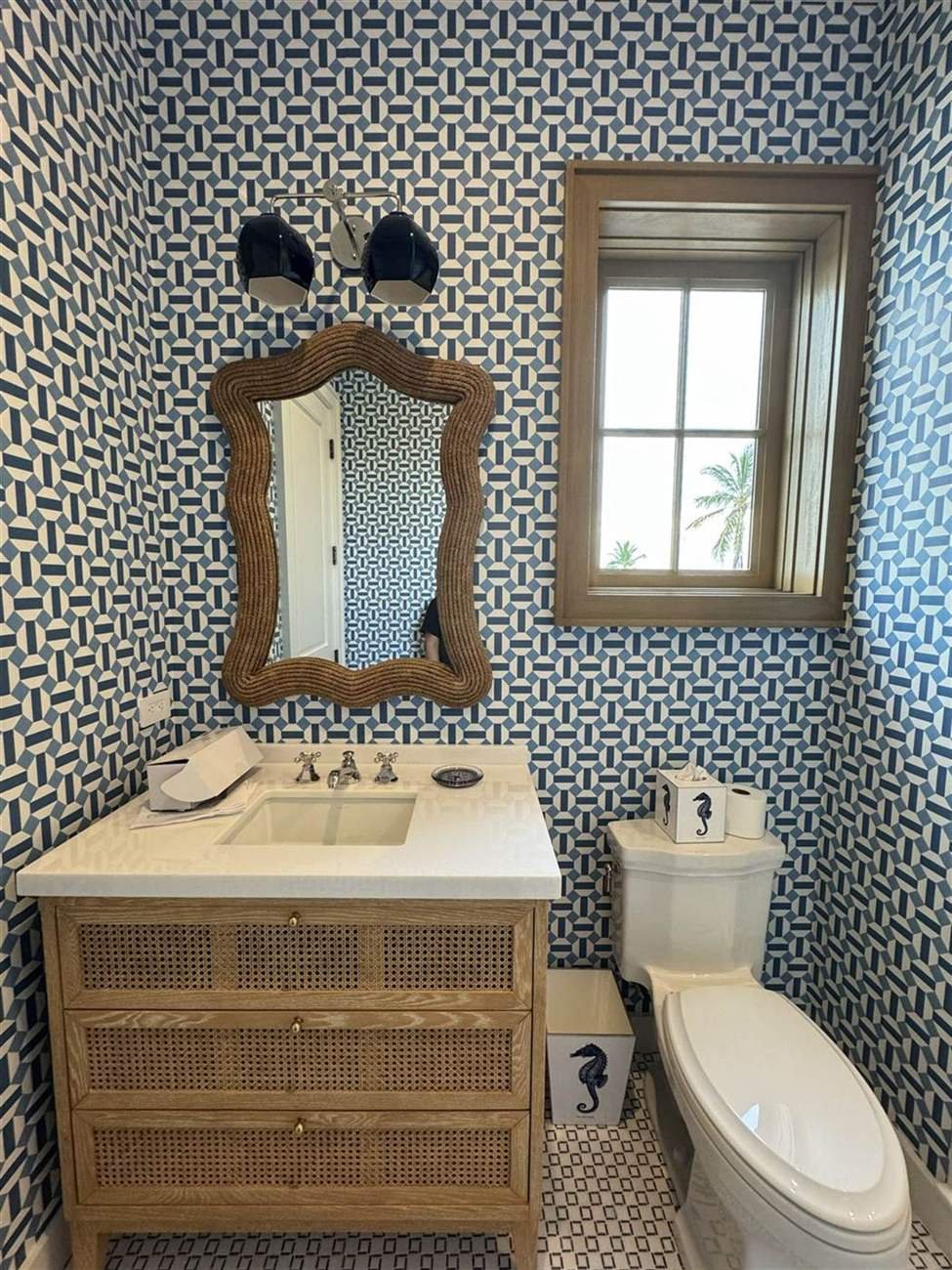 Florida Keys powder room — coastal geometric wallcovering